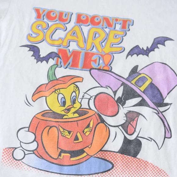 Vintage 90'S Looney Tunes White Halloween Tweety &  Sylvester Short Sleeve Tee M - Picture 7 of 12